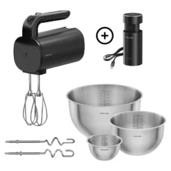 ZWILLING Kabelloses Handrührgerät Starter Set mit Ladestation und Edelstahlschüssel-Set, 7-tlg., Schwarz