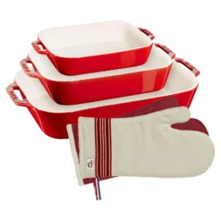 Staub Ofenformen & Ofenhandschuhe Set, 5-tlg. / S/M/L, Kirsch-Rot, Keramik/Baumwolle