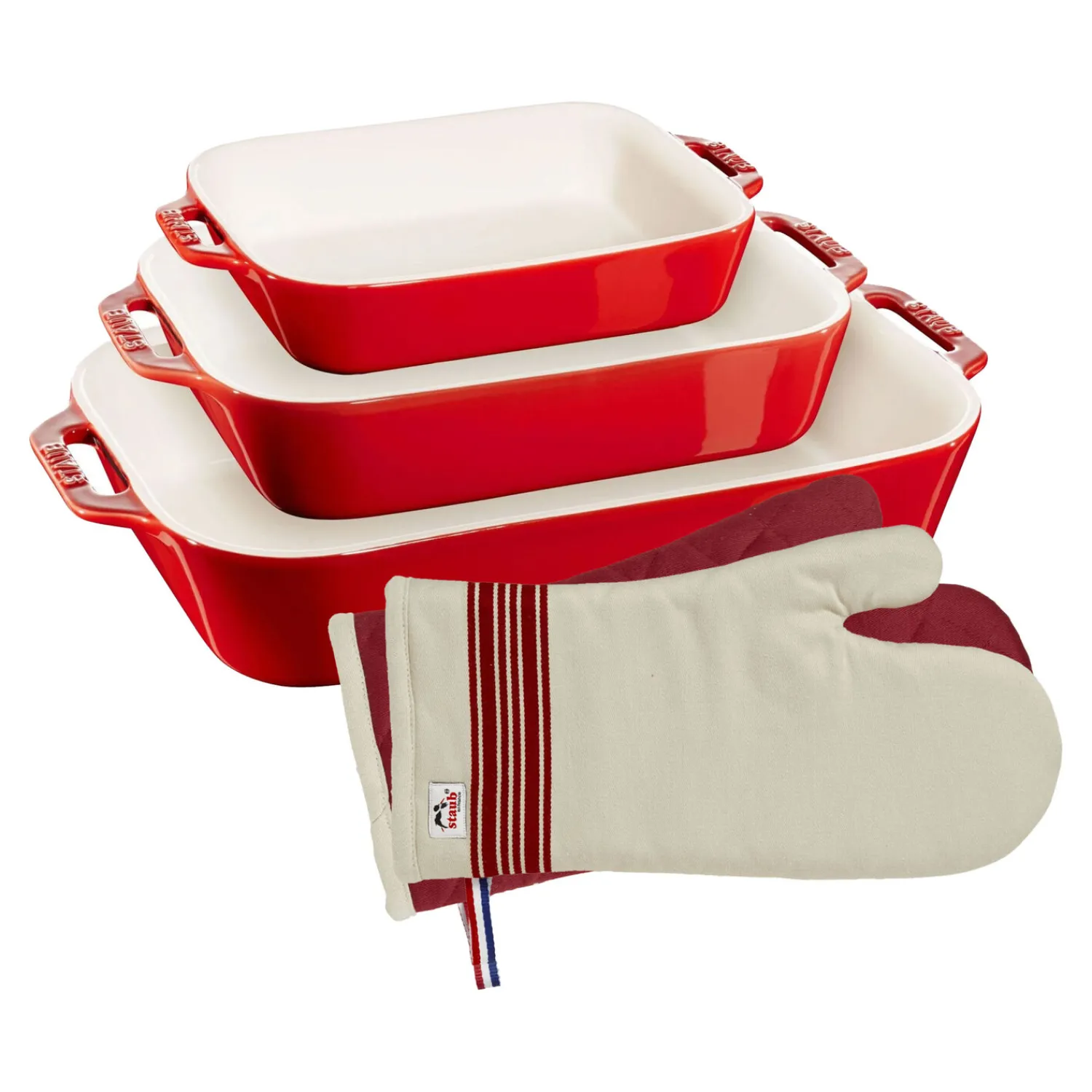 Staub Ofenformen & Ofenhandschuhe Set, 5-tlg. / S/M/L, Kirsch-Rot, Keramik/Baumwolle