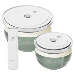 ZWILLING Schüssel-Set mit Vakuumpumpe und -deckeln, 18 cm/ 24 cm/ 5-tlg., Eukalyptus/ Weiß, Keramik