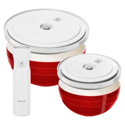 ZWILLING Schüssel-Set mit Vakuumpumpe und -deckeln, 18 cm/ 24 cm/ 5-tlg., Kirschrot/ Weiß, Keramik