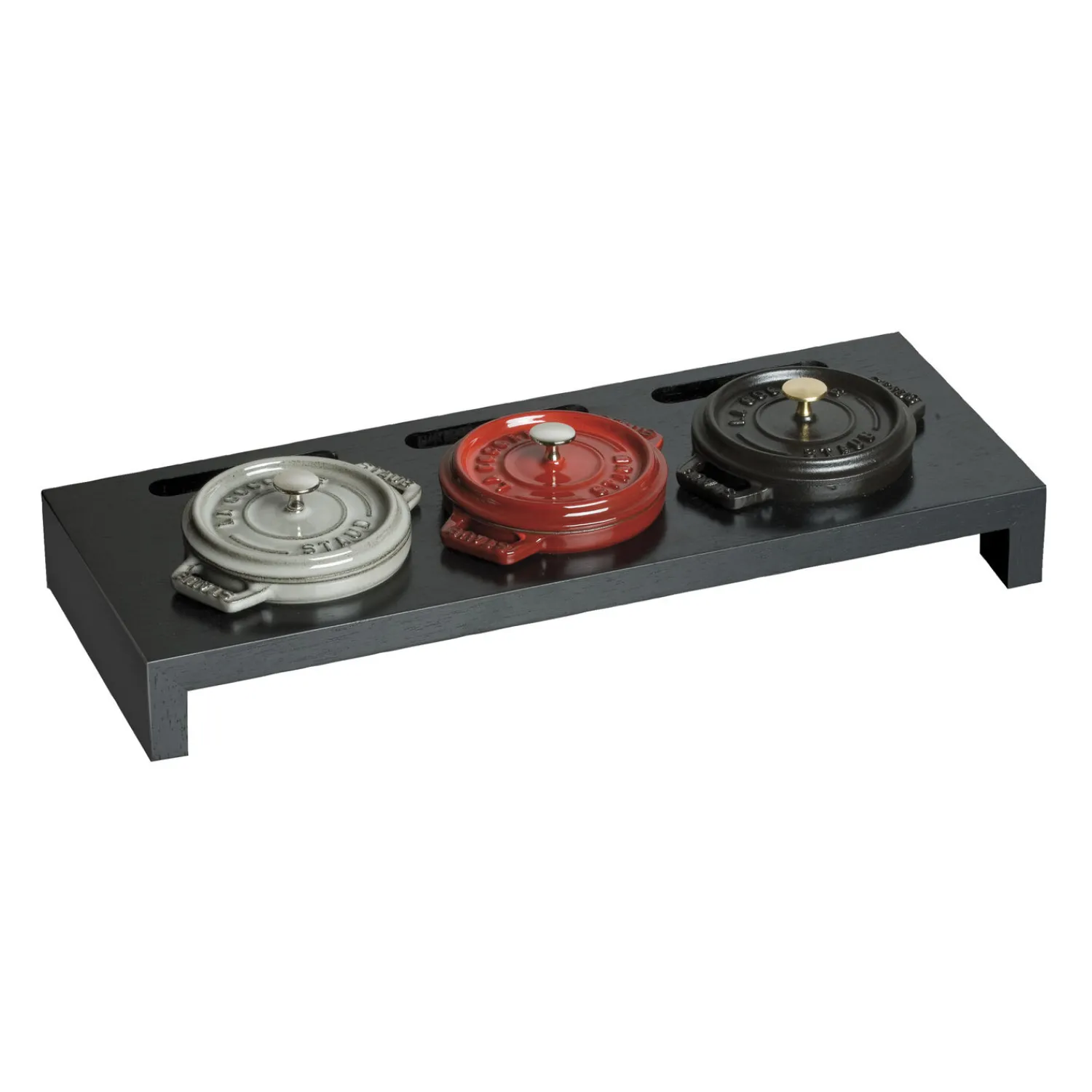 Staub Servierbrett für 3 Mini-Cocottes, 42 cm x 16 cm, Fiberholz