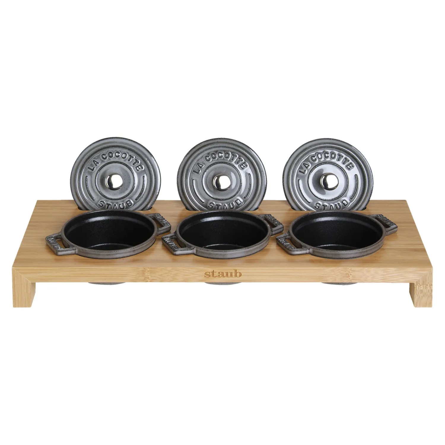 Staub Servierbrett für 3 Mini-Cocottes, 42 cm x 16 cm, Bambus