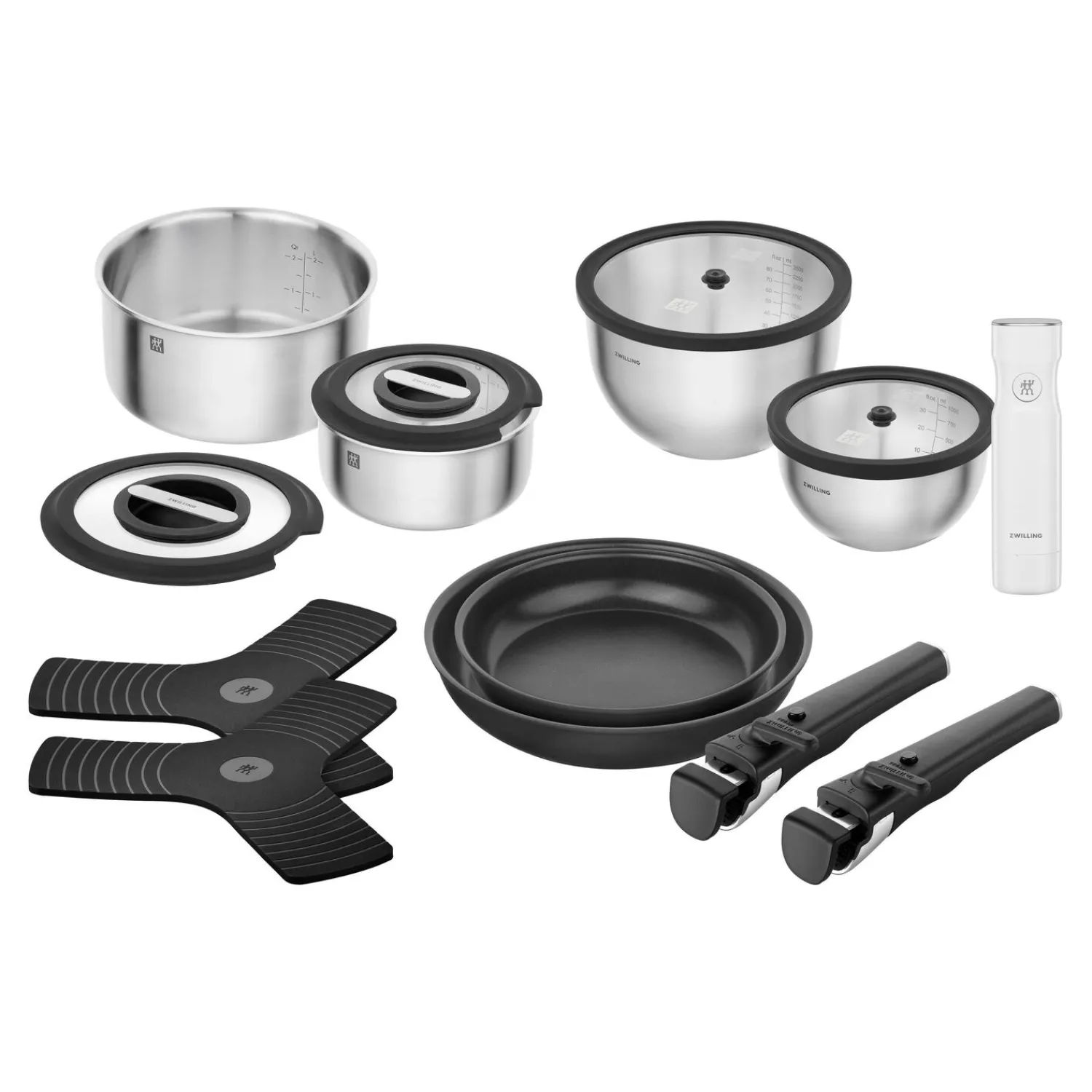 ZWILLING Starter-Set mit Pfannen, Töpfen, Deckeln, Griffen, Vakuumpumpe und Zubehör, 15-tlg
