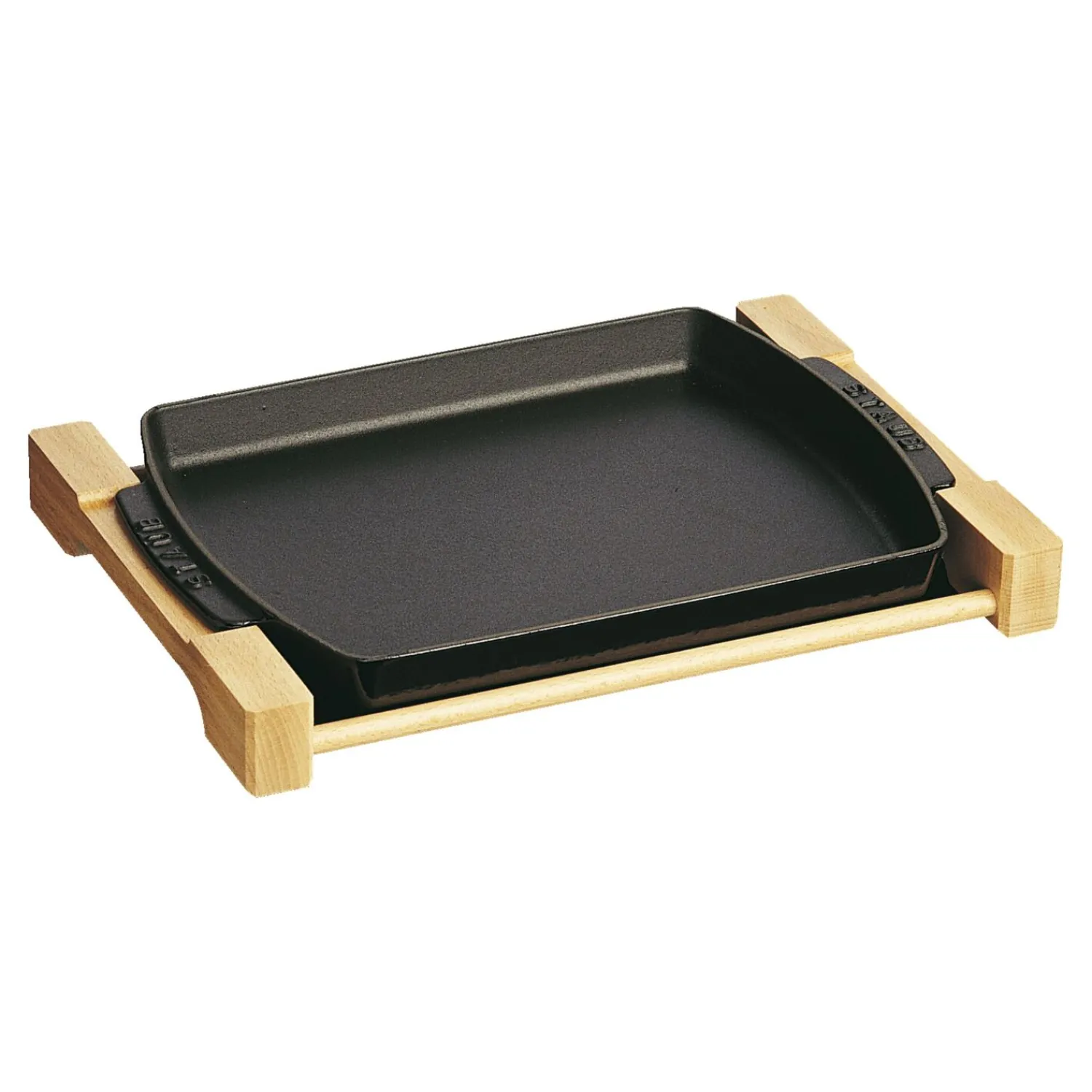 Staub Teller mit Holzunterlage 33 cm x 22 cm, rechteckig, Schwarz, Gusseisen