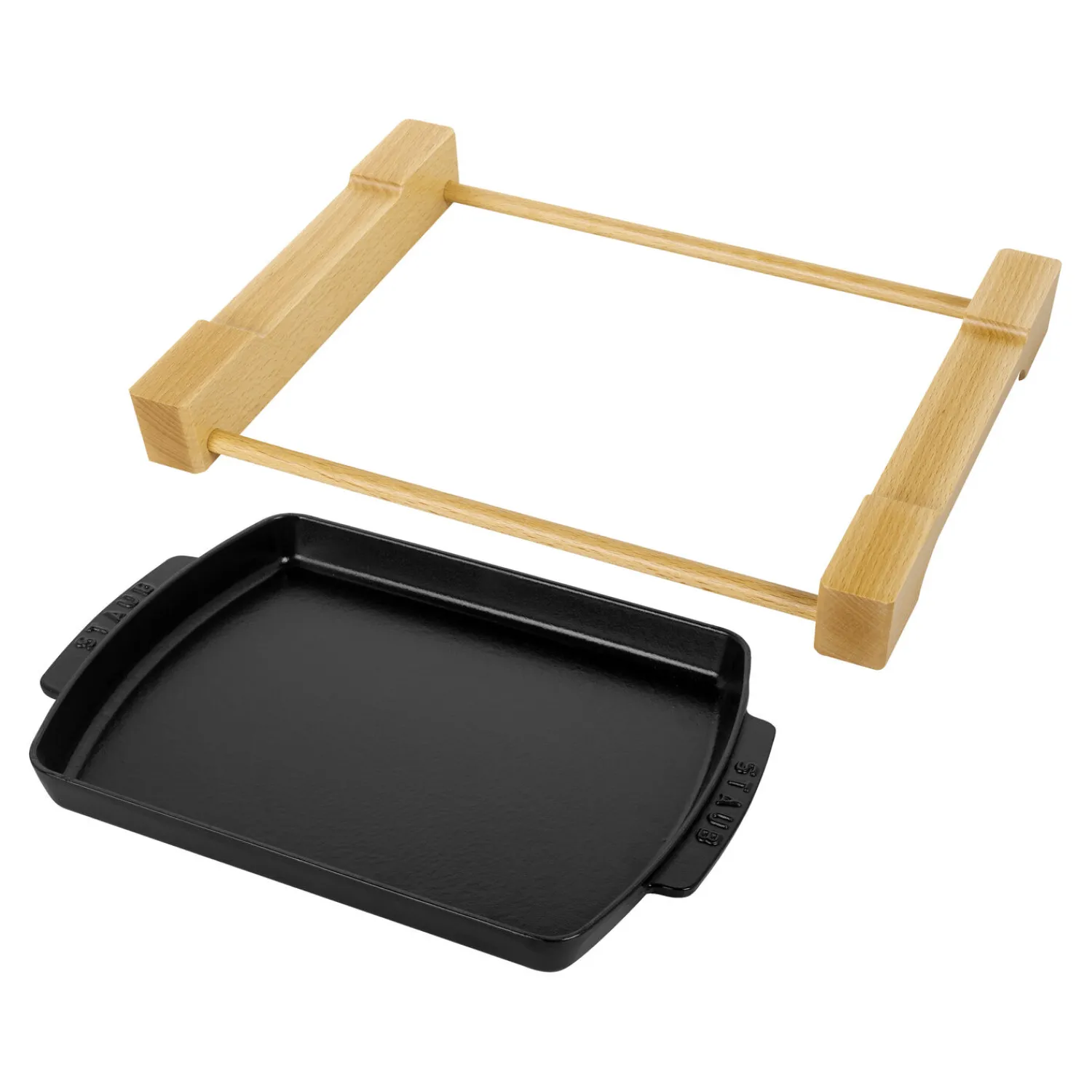 Staub Teller mit Holzunterlage 33 cm x 22 cm, rechteckig, Schwarz, Gusseisen