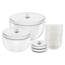 ZWILLING Vakuumschüssel & Deckel Set, 10-tlg. / S/M/L, Elfenbein-Weiß/Transparent, Keramik/Glas