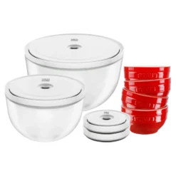 ZWILLING Vakuumschüssel & Deckel Set, 10-tlg. / S/M/L, Kirsch-Rot/Transparent, Keramik/Glas