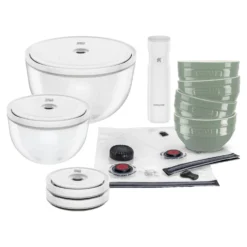 ZWILLING Vakuumschüssel Starterset, 15-tlg. / S/M/L, Eukalyptus/Transparent, Keramik/Glas
