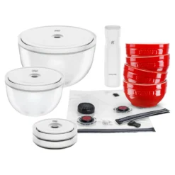 ZWILLING Vakuumschüssel Starterset, 15-tlg. / S/M/L, Kirsch-Rot/Transparent, Keramik/Glas
