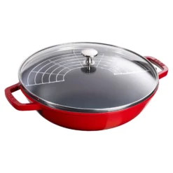 Staub Wok mit Glasdeckel 30 cm, rund, Kirsch-Rot, Gusseisen