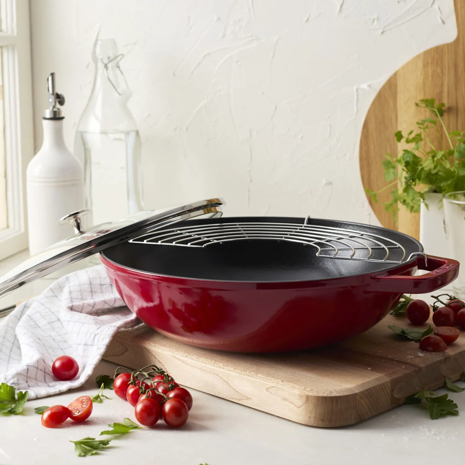 Staub Wok mit Glasdeckel 30 cm, rund, Kirsch-Rot, Gusseisen